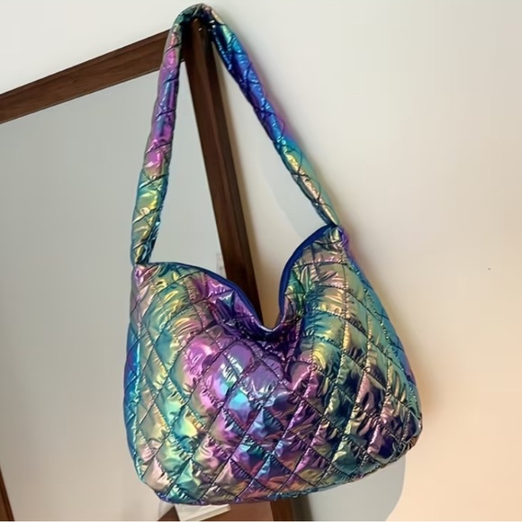 Handbags - Iridescent Quilted Puffy Women's Large Shoulder Bag Purple, Green, Blue NWT